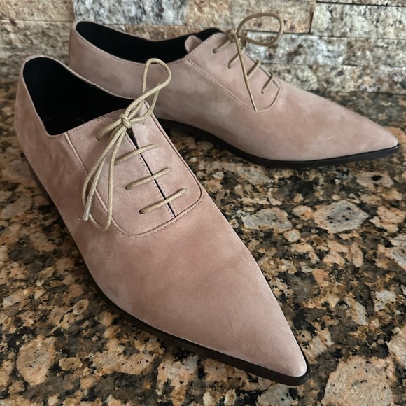 L'AGENCE Elise III Pointed Toe Oxford Flat Shoes Cappuccino Suede - Picture 6 of 13